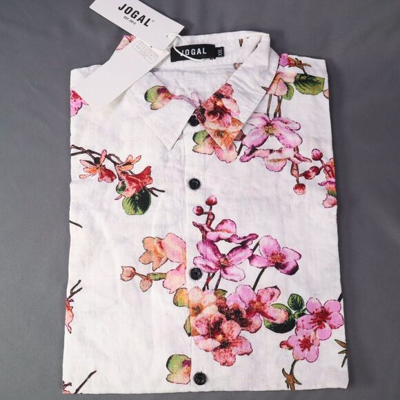 Jogal Mens Hawaiian Button Down Shirt Size XXL White Floral NEW - Picture 1 of 10